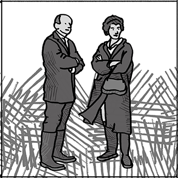 Drawing of Raymond and Patsy Nasher standing in NorthPark construction site
